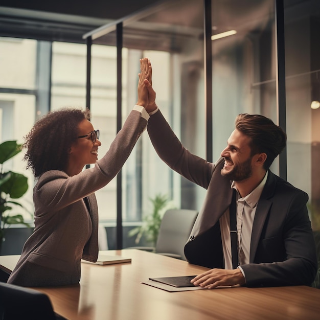 Businessman and businesswoman giving high five in office Business people celebrating success