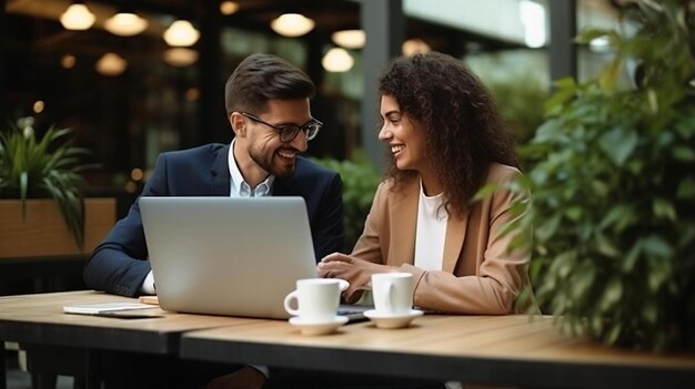 businessman and businesswoman looking at laptop while working together