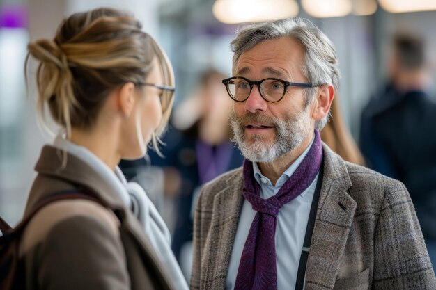 Foto un uomo d'affari e una donna d'affare che parlano in un aeroporto