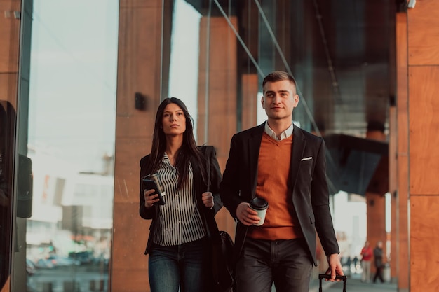 Businessman and businesswoman talking and holding luggage traveling on a business trip, carrying fresh coffee in their hands. Business concept. High-quality photo