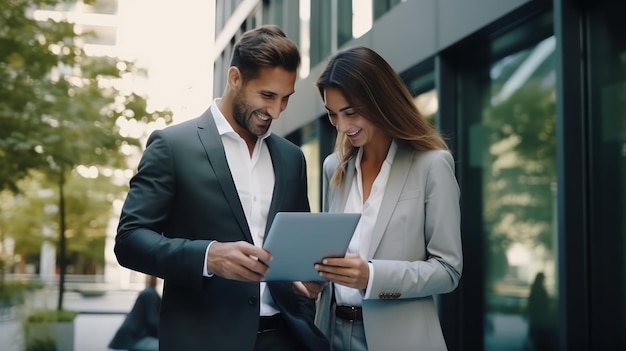 Businessman and businesswoman using digital tablet