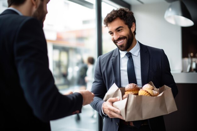 Foto un uomo d'affari che compra un muffin con il suo caffè mattutino