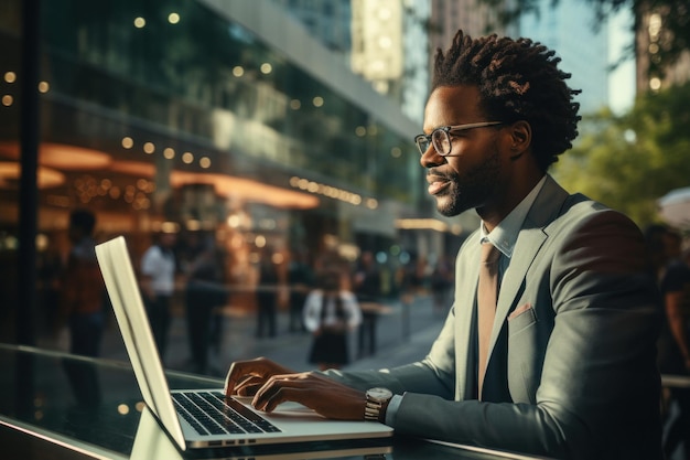 Businessman at a cafe with a laptop deep in concentration