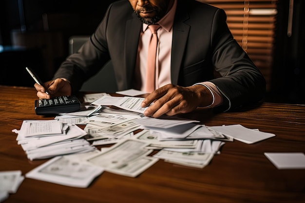 Foto un uomo d'affari che calcola le finanze alla scrivania