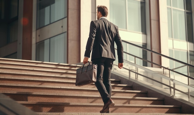 businessman carrying black briefcase walks up stairs to office