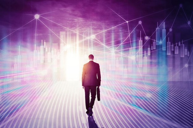 businessman carrying a suitcase walking towards candle stick chart with bright light