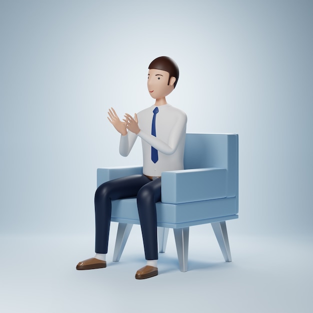 Бизнесмен мультипликационный персонаж сидит с хлопком изолированные