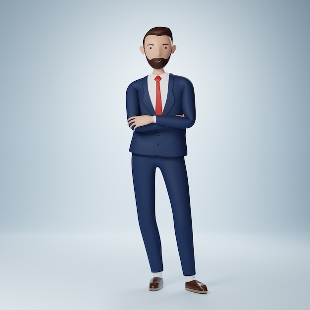 Businessman cartoon character standing with hands crossed pose isolated