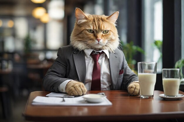 A businessman cat in a suit and tie sits at a table in a cafe