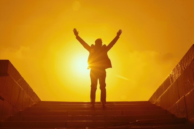 Photo businessman celebrates success on top stairs in sunlight leadership achievement growth