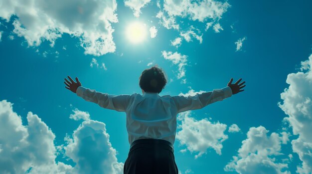 Photo businessman celebrating under blue sky