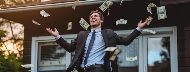 Photo businessman celebrating financial success in money rain