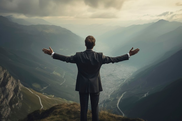 Businessman celebrating success on mountain