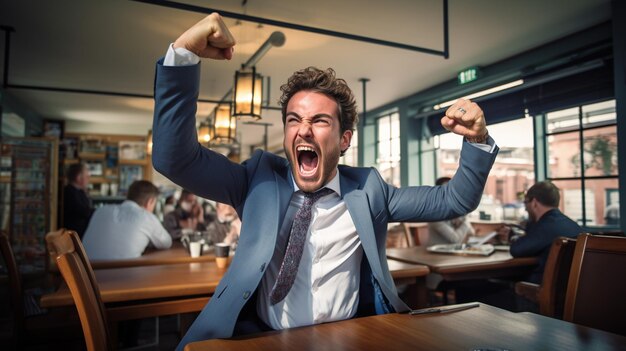 Foto un uomo d'affari che celebra selvaggiamente