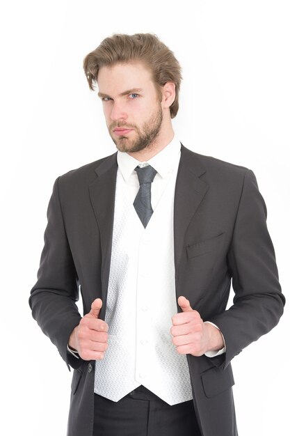 Businessman or ceo in black jacket. Business and success. Manager with beard on serious face. Fashion and beauty. Man in formal outfit isolated on white.