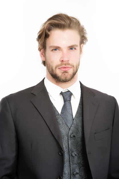 Businessman or ceo in black jacket Man in formal outfit isolated on white Business and success Manager with beard on serious face Fashion and beauty