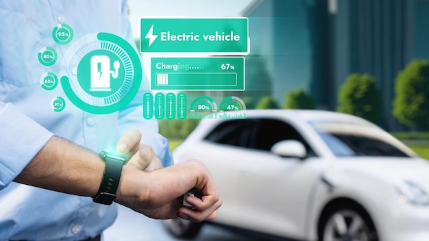 Businessman check EV car battery status on smartwatch hologram recharge from charging station ESG green park Modern city lifestyle and ecofriendly electric car utilization to reduce CO2 Peruse