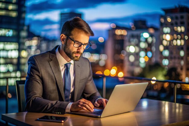 Foto uomo d'affari che controlla i dati e lavora di notte