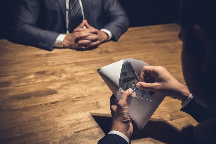 Photo businessman checking money, us dollars, in the envelope just given by his partner 