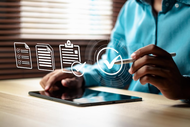 businessman checkmarking for approval document online paperless approval and quality assurance concept