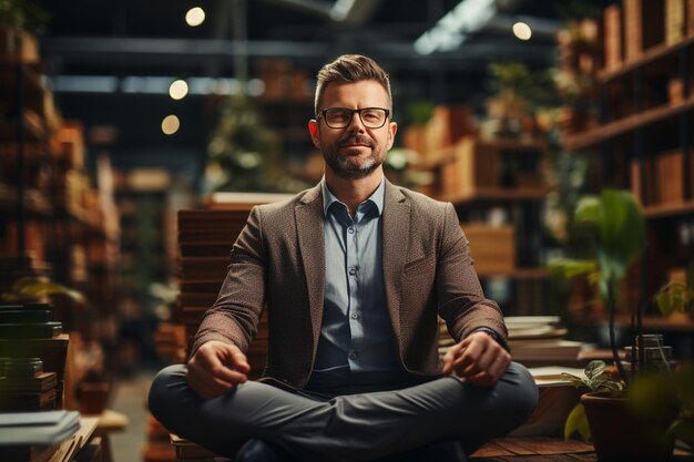 Businessman cheerful employee standing at yoga pose at office on working table meditating after work