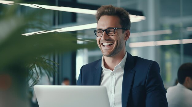 A businessman cheerful using the laptop