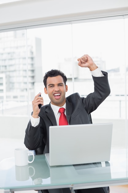 Businessman cheering in front of laptop at office desk