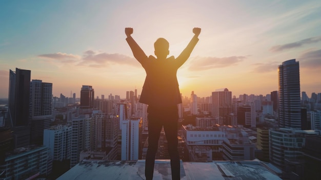 Businessman on a city rooftop celebrating success against a skyline backdrop