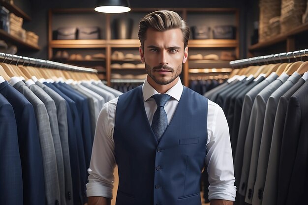 Businessman in classic vest against row of suits in shop