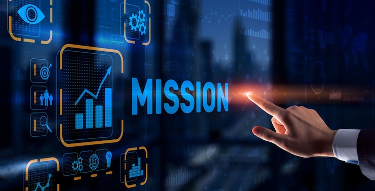 Photo businessman clicks on virtual screen mission