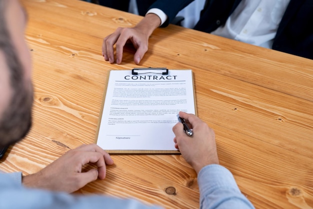 Photo businessman or client carefully reviewing contract document entity