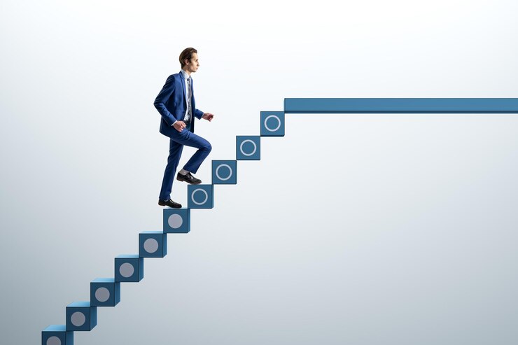 Photo businessman climbing blue staircase concept of success and achievement on white background