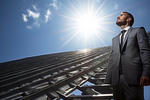 businessman climbing high ladder concrete wall sky Generated AI