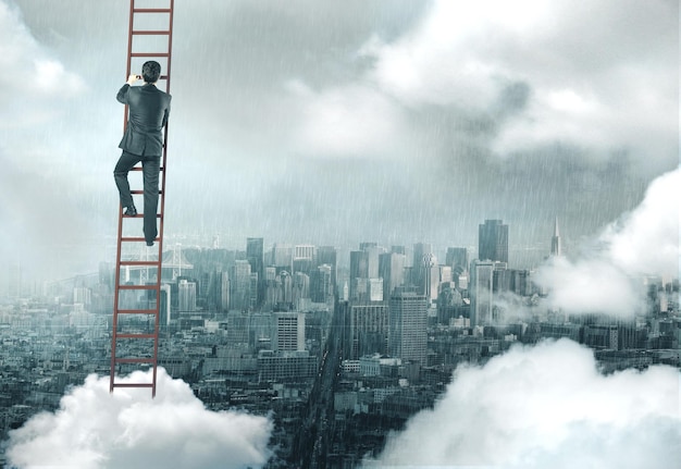 businessman climbing on ladder