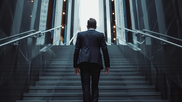 Businessman climbing stairs back view