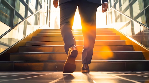 Businessman climbing stairs with sunlight ahead Business person professionallooking entrepreneur