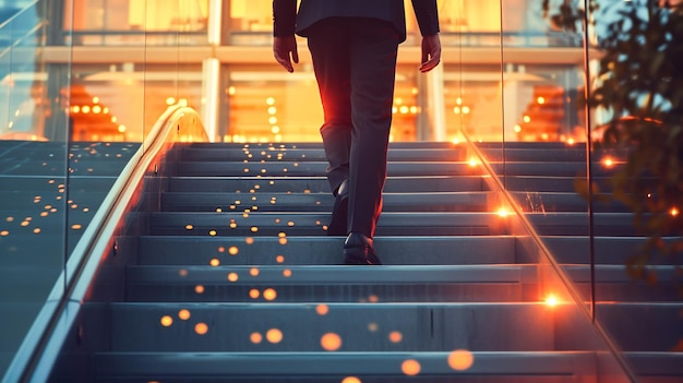 Businessman climbing stairs with sunlight ahead Business person