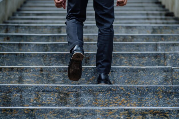 Photo businessman climbs the stairs close up