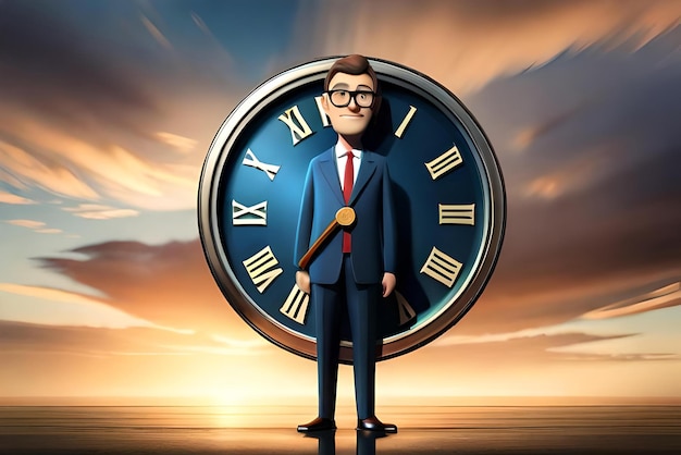 ビジネスマンと時計 3D イラストキャラクター