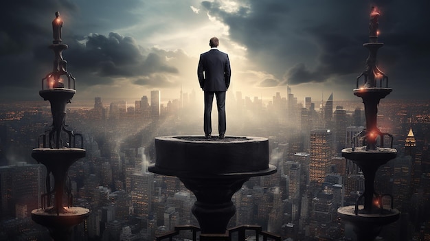 Businessman on a column in a city with sunlight and gloomy city