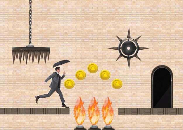 Бизнесмен на уровне компьютерной игры с монетами и ловушками