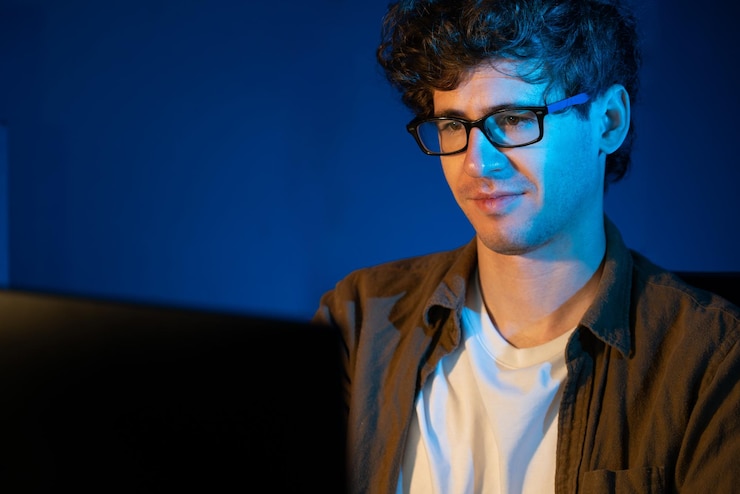 Photo businessman concentrating on pc on project at neon light office gusher