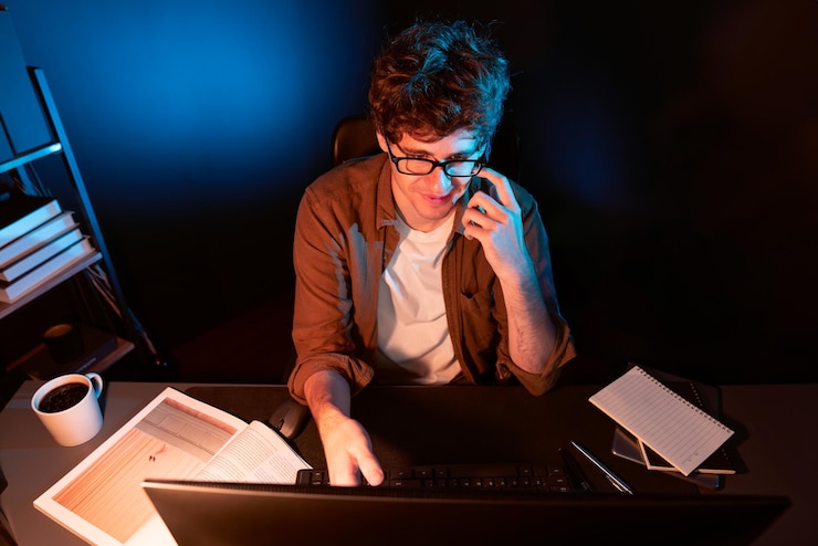 Photo businessman concentrating on pc on project at neon light office gusher