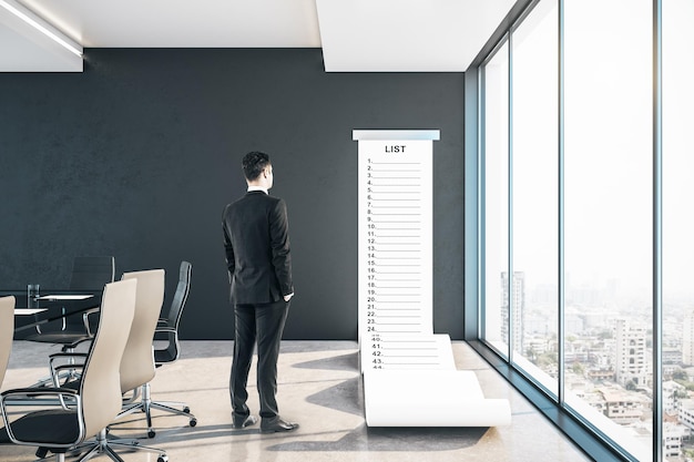 Businessman in conference room with task list on banner