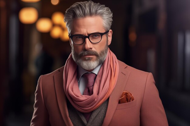 Businessman confident charismatic wearing a peach tweed suit scarf glasses