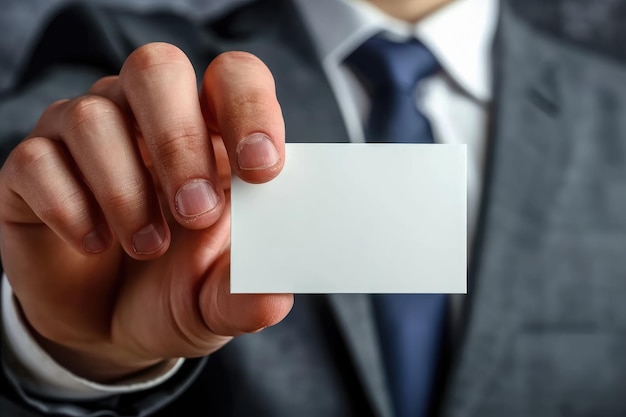Photo businessman confidently displays a blank business card emphasizing professionalism and success