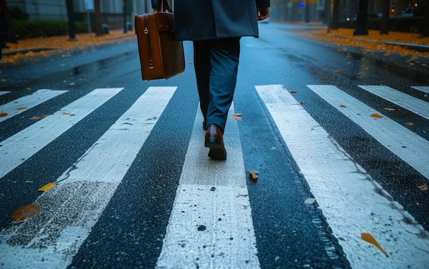 Foto uomo d'affari che attraversa la strada a zebra crossing con una valigetta