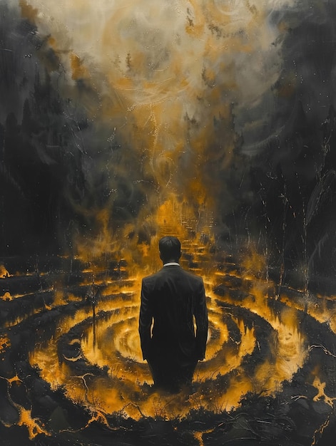 Businessman at a crossroads in a celestial forest maze magic smoke rises hinting at unseen forces