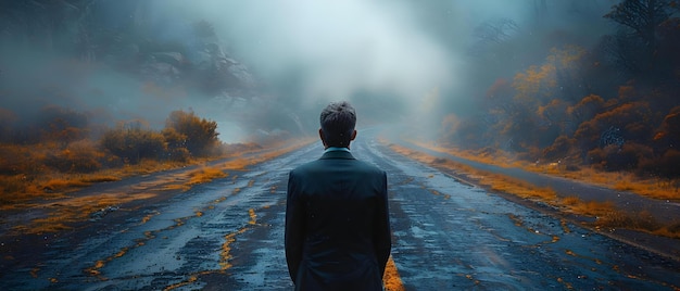 A businessman at a crossroads facing a decisionmaking dilemma in technology Concept Business Decisionmaking Technology Innovation Entrepreneurial Challenges Strategic Planning Career Path