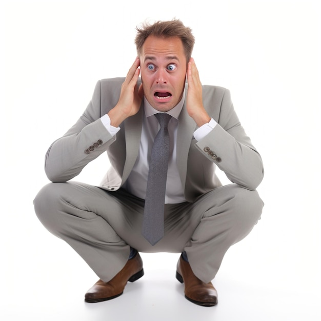 Businessman crouching and holding his head in shock